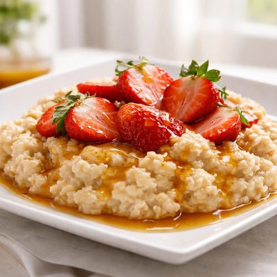 Oatmeal with strawberries and syrup