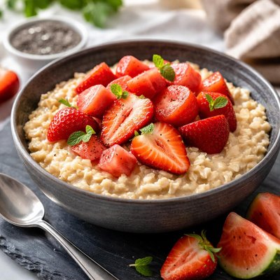 Oatmeal with strawberries and watermelon