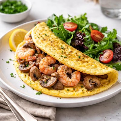 Omelete de camarao e cogumelos