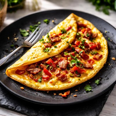 Omelette with red bell peppers and bacon
