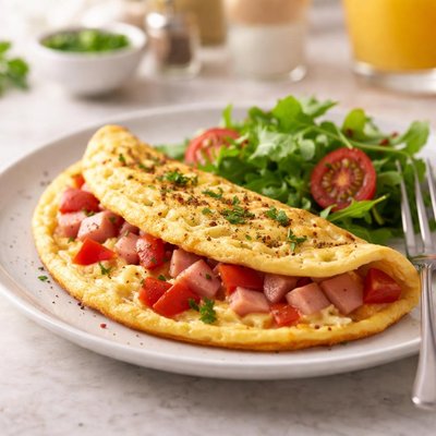 Omelette with red bell peppers and ham