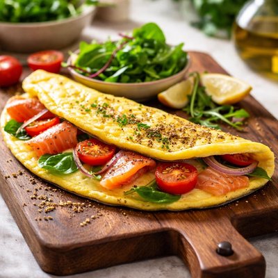 Omelette with salmon and tomato