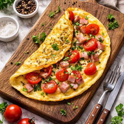 Omelette with tomatoes and ham