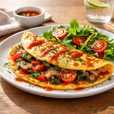 Omelette with vegetables and hot sauce