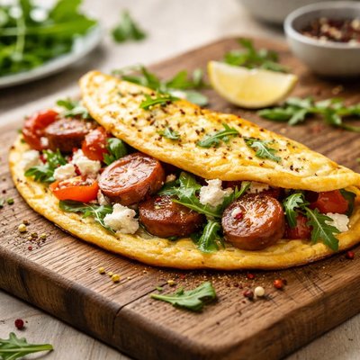 Omlette with sausage and greens and feta