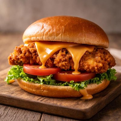 One chicken sandwich with cheese and hot sauce