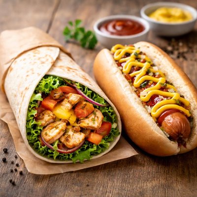 One chicken wrap with cheese and one hotdog