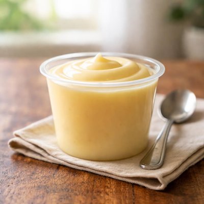 一杯使用百分之一脱脂牛奶制作的吉利欧（Jell-O）牌香草布丁