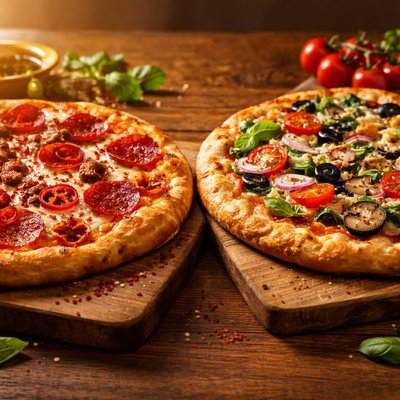 一份恶魔披萨和一份素食披萨