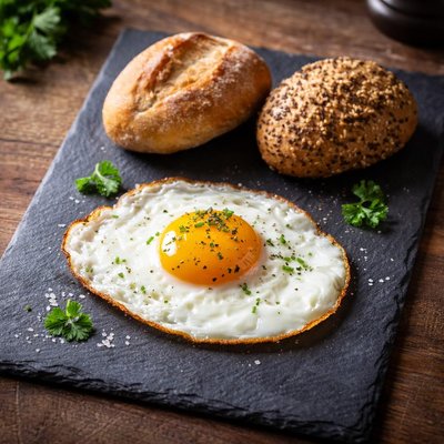 One fried egg two small breads