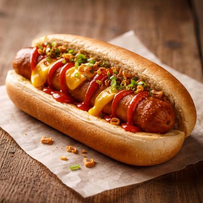 One hot dog sandwich with cheese and hot sauce