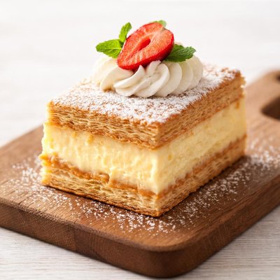 Una fetta di torta alla crema pasticciera
