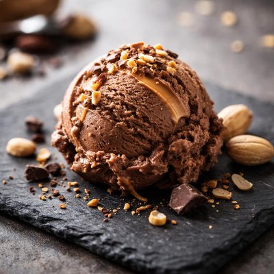 Una bola de helado de chocolate con mantequilla de cacahuate.