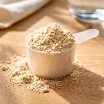 One scoop of natural whey protein powder