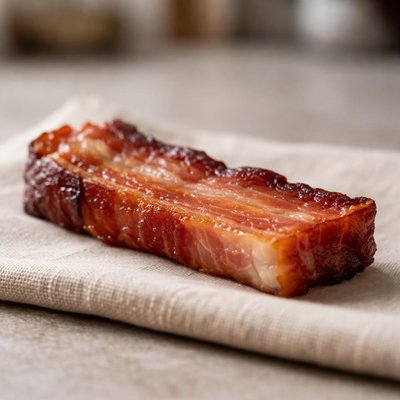 Una rebanada de tocino cocido gruesa.