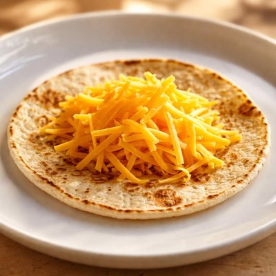 One small toasted corn tortilla with a handful of cheddar cheese