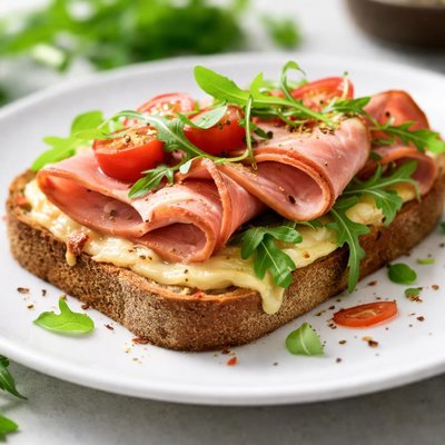 Open-faced ham and cheese sandwich