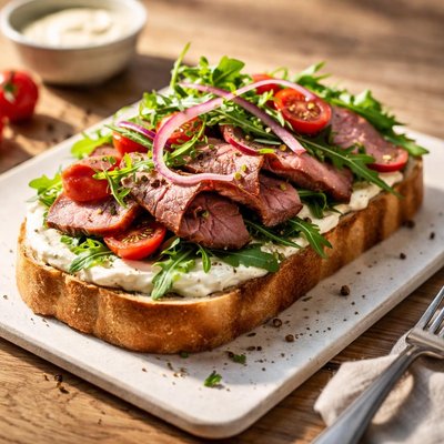 Open-faced roast beef sandwich
