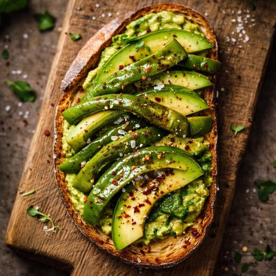 Open-faced sandwich with avocado and green peppers
