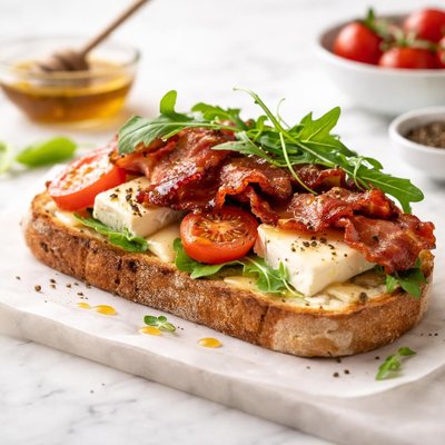 Open-faced sandwich with brie and bacon