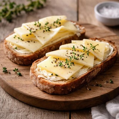 Open-faced sandwich with butter and cheese