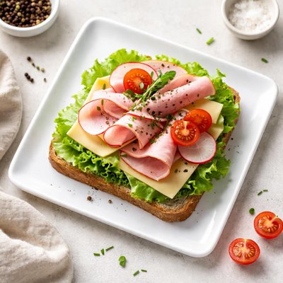 Open-faced sandwich with cheese and ham