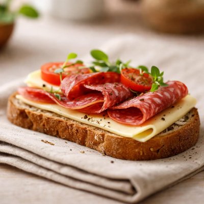 Open-faced sandwich with cheese and salami