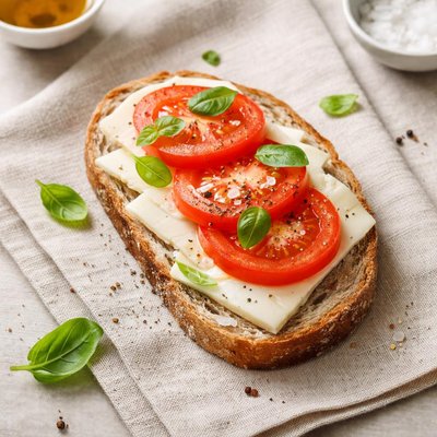 Open-faced sandwich with cheese and tomato
