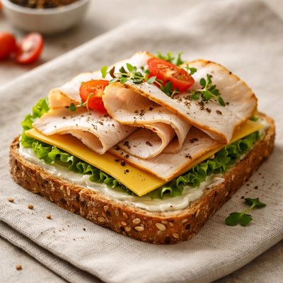 Open-faced sandwich with cheese and turkey