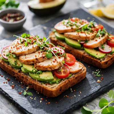 Open-faced sandwich with chicken and avocado