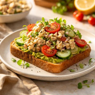 Open-faced sandwich with chicken salad and vegetables