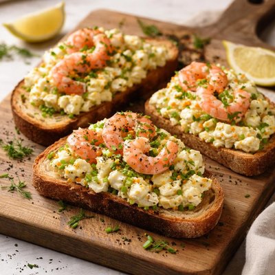 Open-faced sandwich with egg salad and shrimp