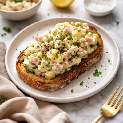Open-faced sandwich with ham and egg salad