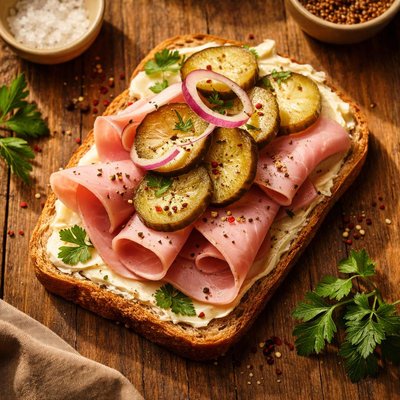 Open-faced sandwich with ham and pickles