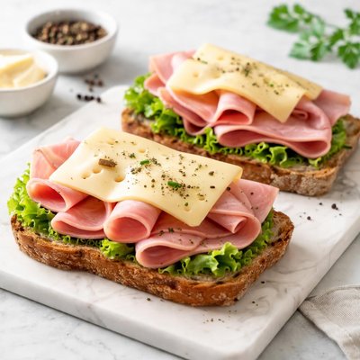 Open-faced sandwich with ham and swiss cheese