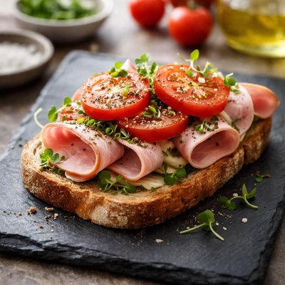 Open-faced sandwich with ham and tomatoes
