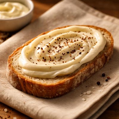 Open-faced sandwich with mayonnaise and pepper