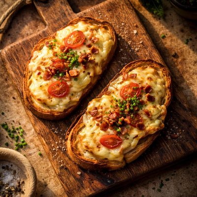 Open-faced sandwich with melted cheese