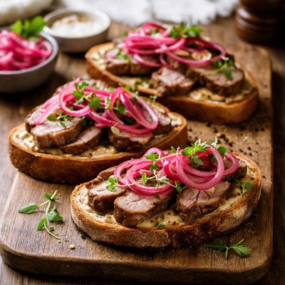 sandwich aperto con maiale e cipolle sottaceto