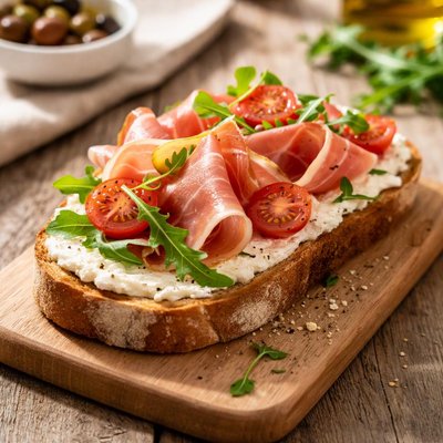 Open-faced sandwich with prosciutto