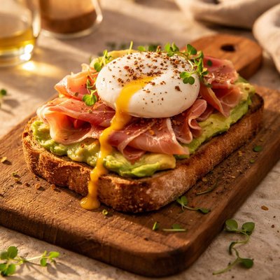 Open-faced sandwich with prosciutto and poached egg