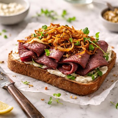 Open-faced sandwich with roast beef and fried onions