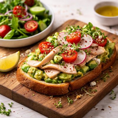Open-faced sandwich with salad