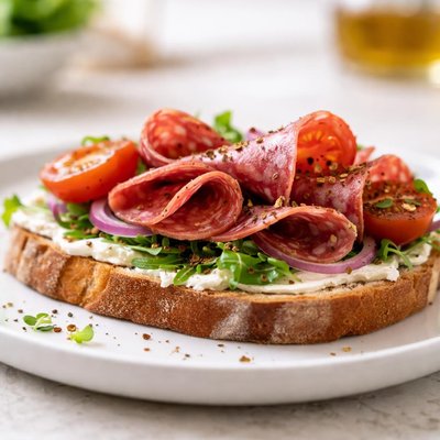 Open-faced sandwich with salami