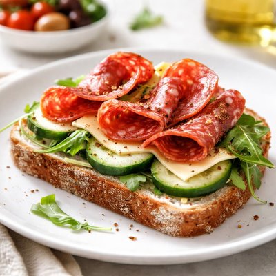 Open-faced sandwich with salami and cheese