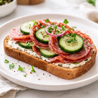 Open-faced sandwich with salami and cucumber