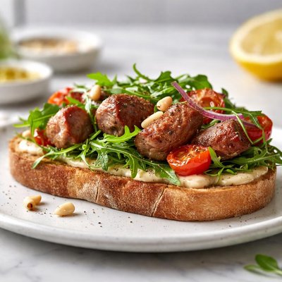 Open-faced sandwich with sausage and greens
