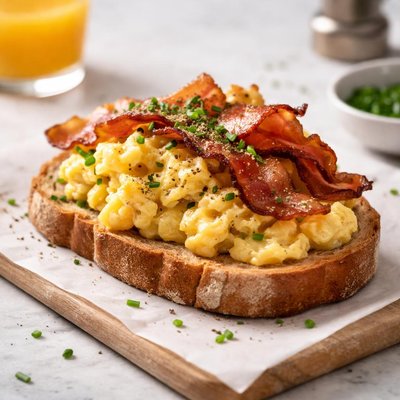 Open-faced sandwich with scrambled eggs and bacon