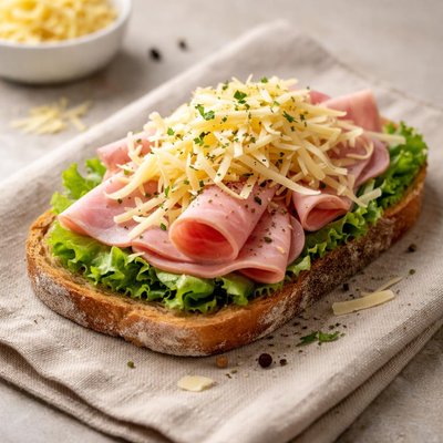 Open-faced sandwich with shredded cheese and ham