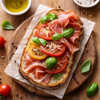Open-faced sandwich with tomato and cured meat